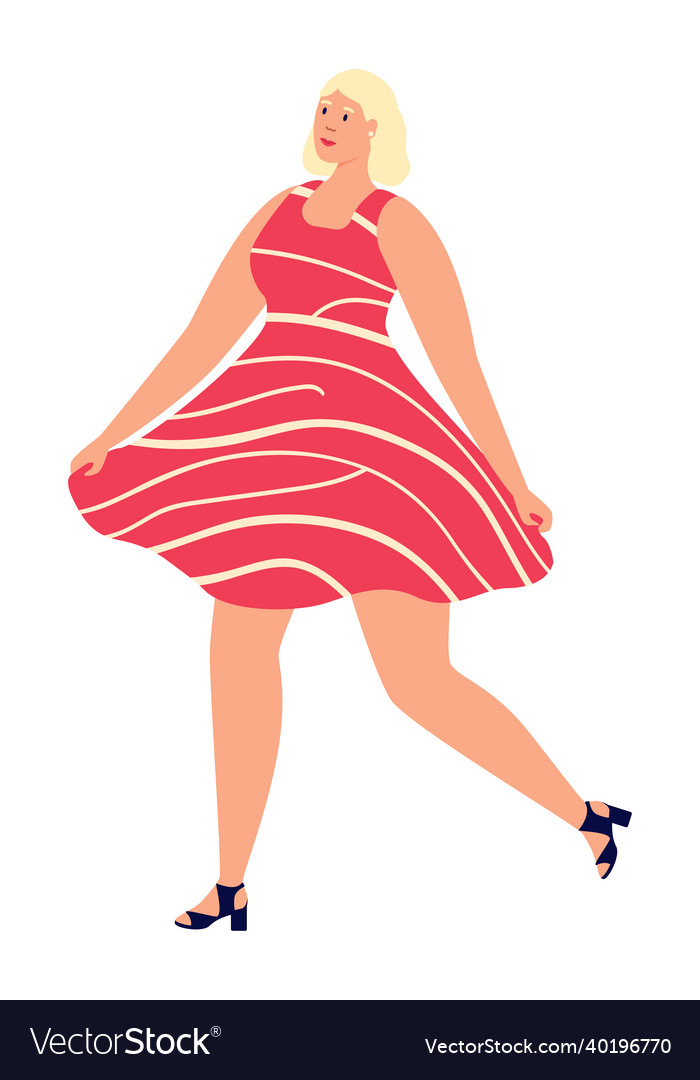 Fashionable girl in red dress walking isolated