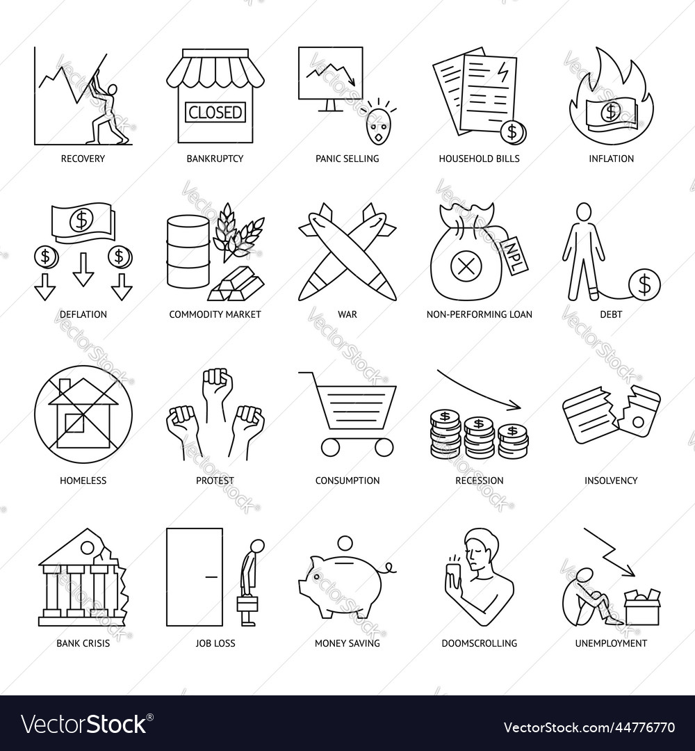 Financial crisis icon set in line style vector image Financial crisis icon set in line style