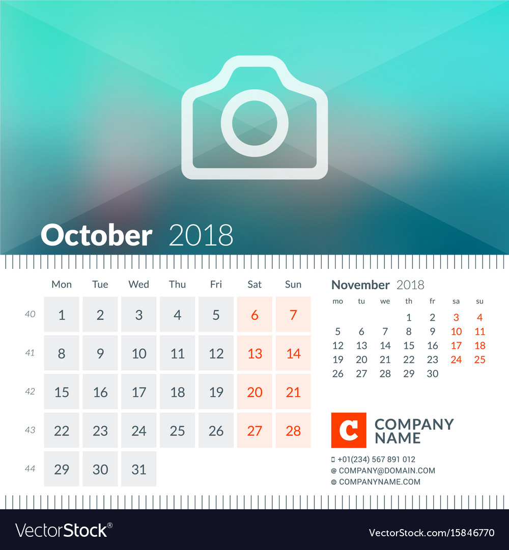 October 2018 calendar for year week starts Vector Image October 2018 calendar for year week starts Vector Image