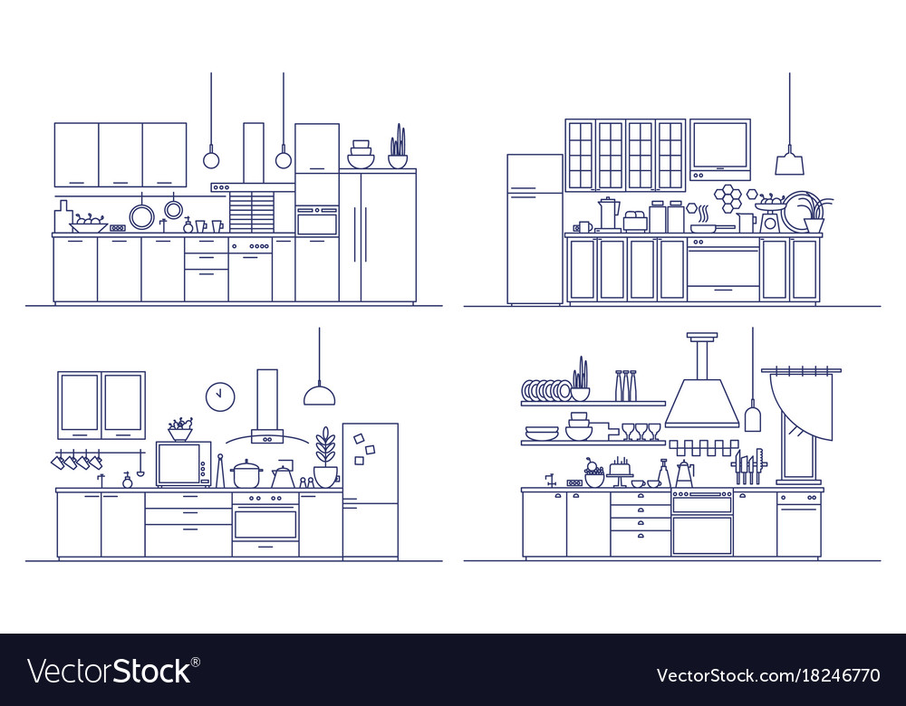 Set of kitchens furnished with modern furniture