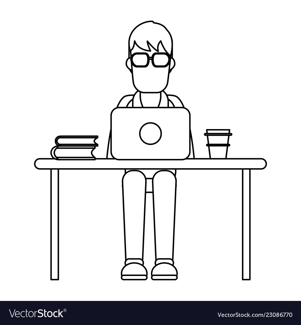 Working with computer avatar black and white vector image Working with computer avatar black and white