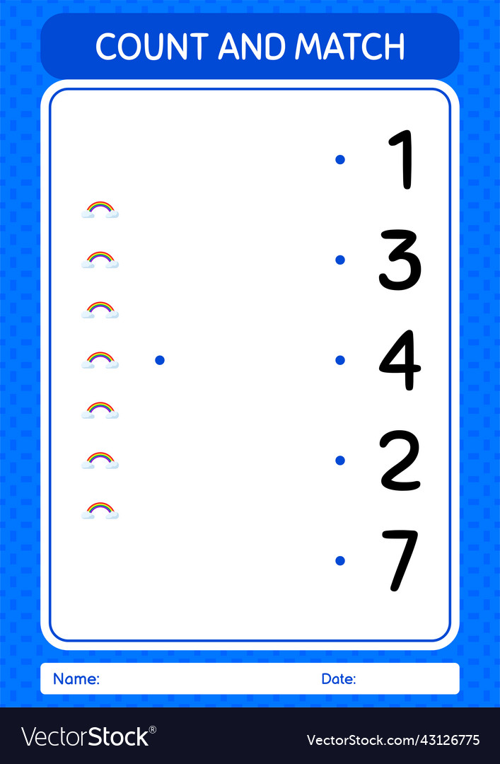 Count and match game with rainbow worksheet vector image Count and match game with rainbow worksheet