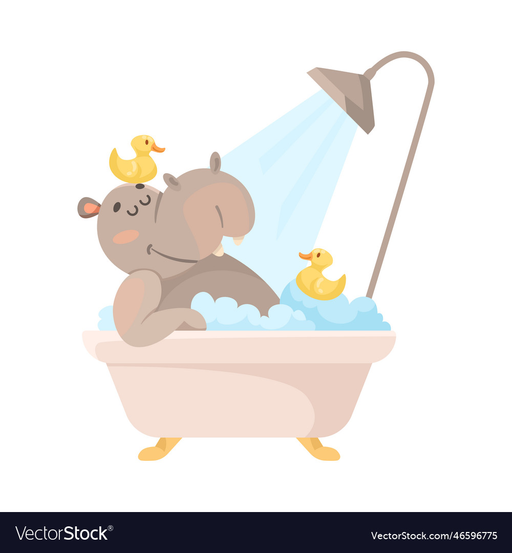 Hippo character in bathtub bathing and washing