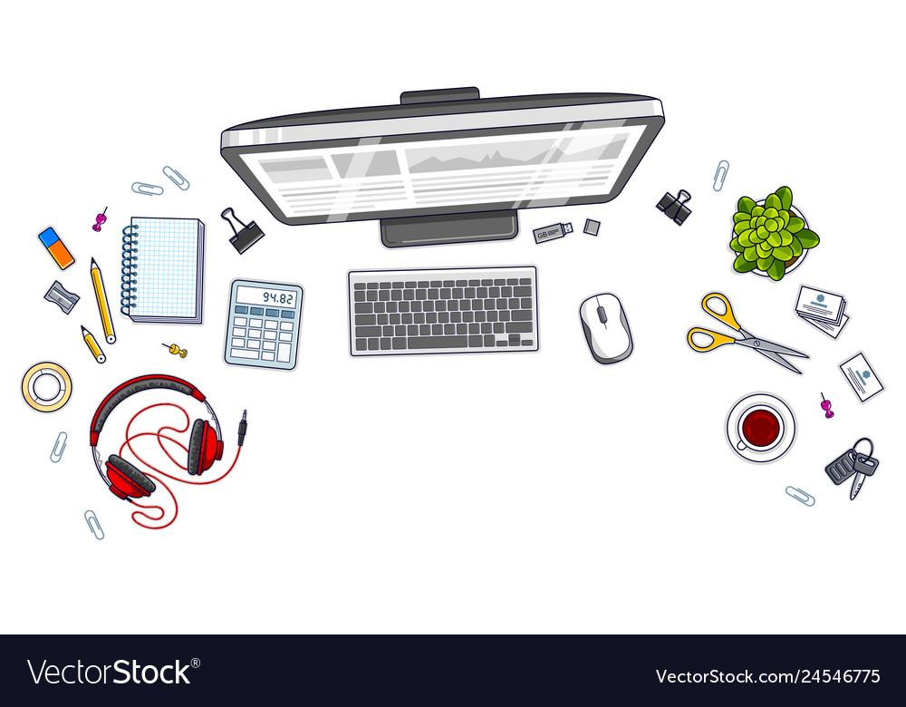Office desk workspace top view with pc computer vector image Office desk workspace top view with pc computer