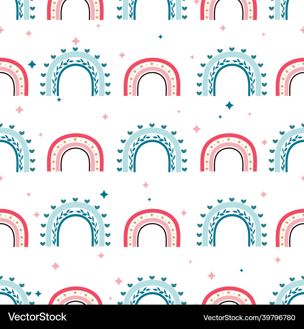 Boho rainbows repeat pattern on white Royalty Free Vector