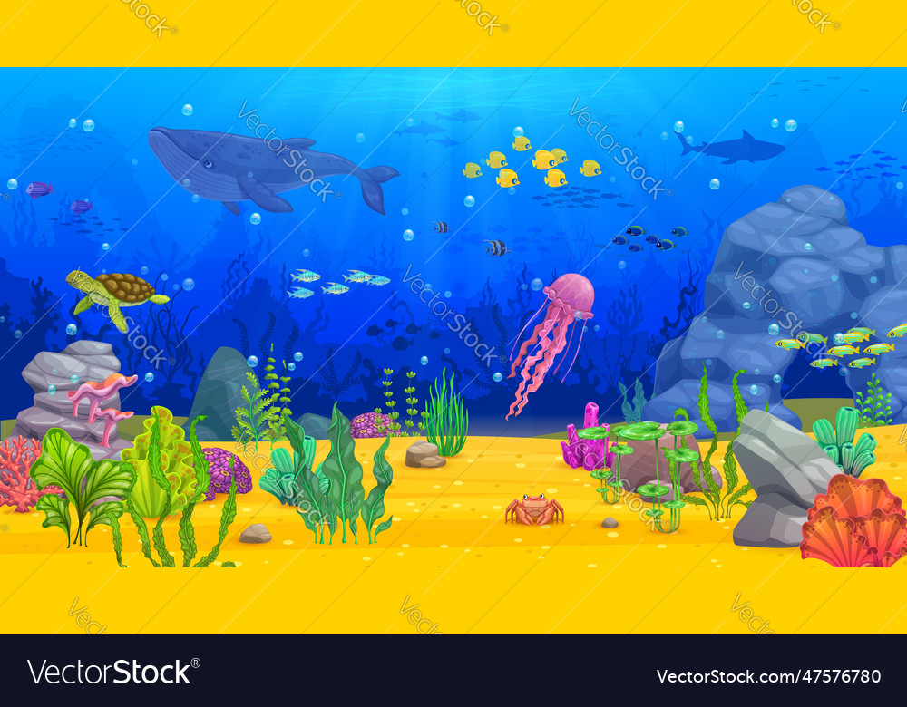 Cartoon underwater landscape whale fish seaweed Vector Image