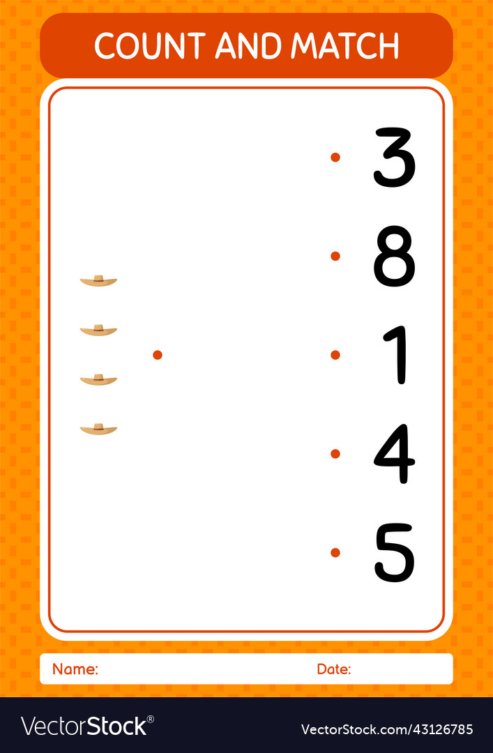 Count and match game with straw hat worksheet vector image Count and match game with straw hat worksheet