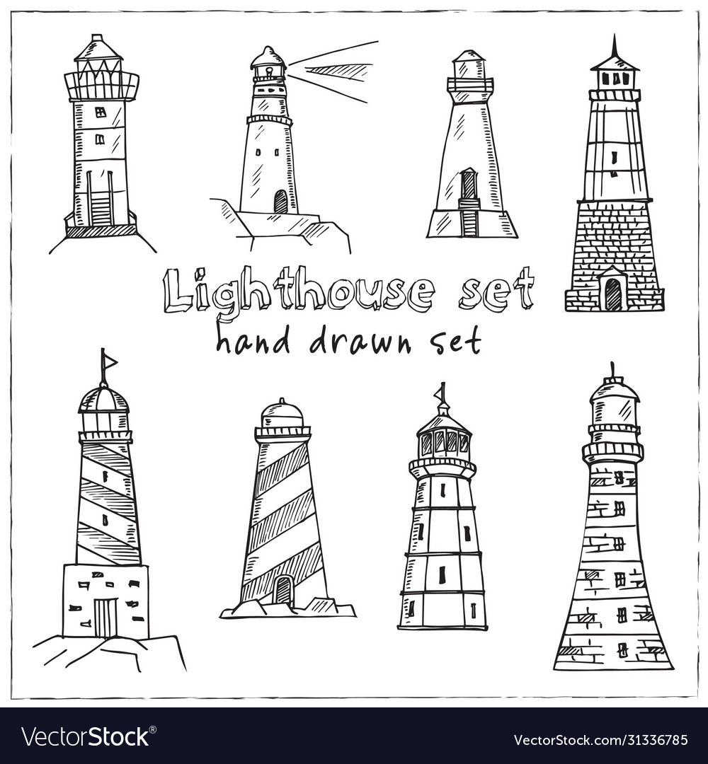 Lighthouse hand drawn doodle set isolated