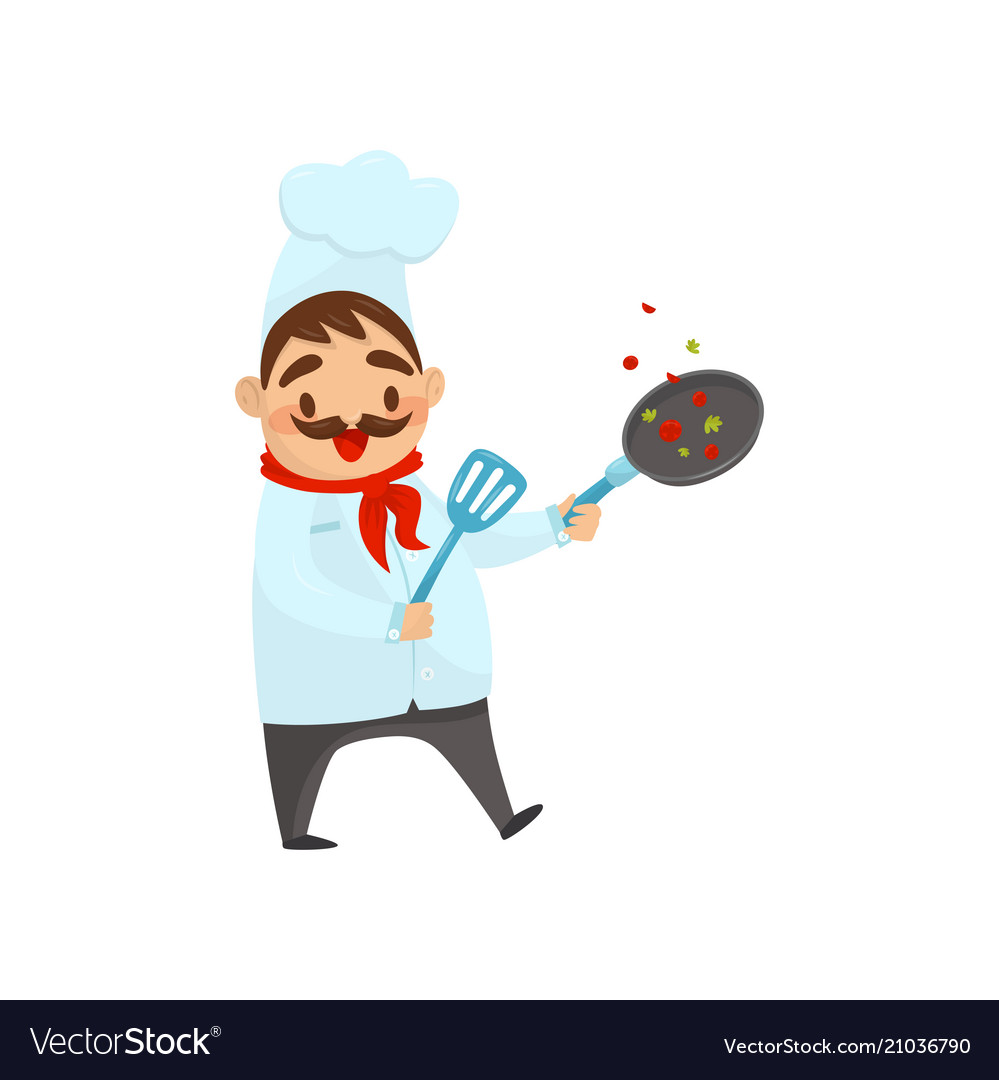 Cheerful chef in process cooking food man