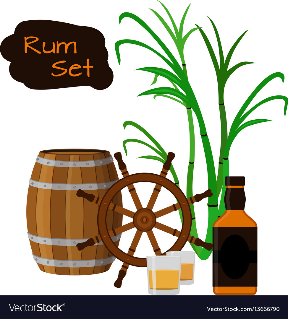 Rum barrel bottle sugar cane helm shots in flat