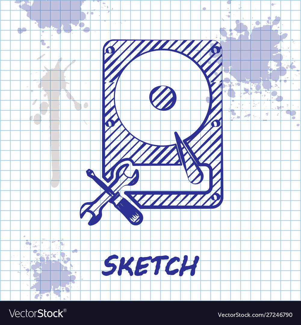 Sketch line hard disk drive with screwdriver vector image Sketch line hard disk drive with screwdriver