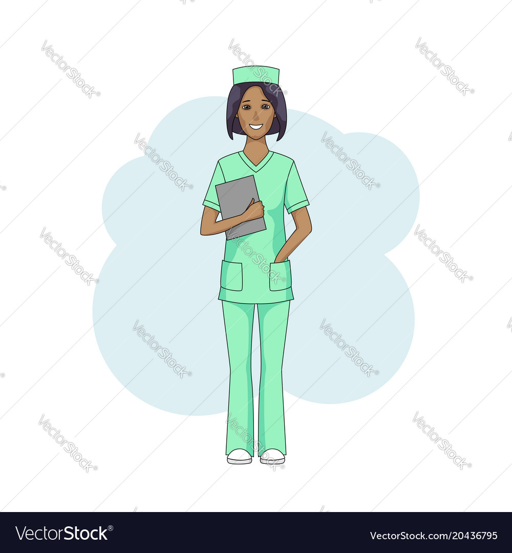 Black female nurse in green uniform