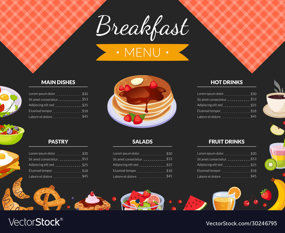 Breakfast menu template for restaurant and cafe Vector Image