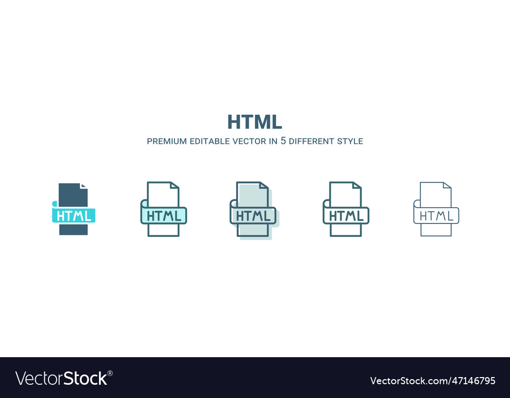 Html icon in 5 different style outline filled two vector image Html icon in 5 different style outline filled two