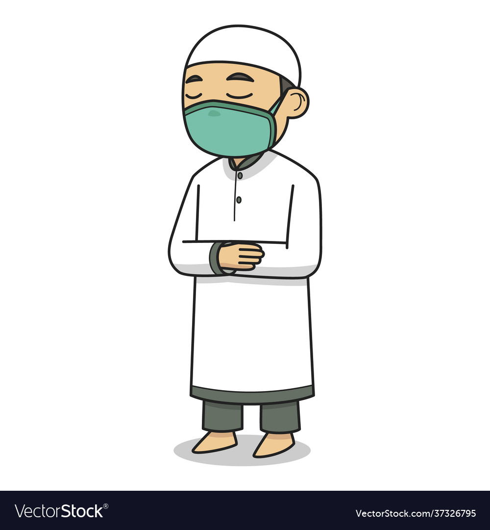 Imam character wearing face mask children book Vector Image