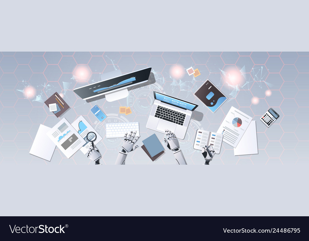 Robot hands using digital devices at workplace vector image Robot hands using digital devices at workplace