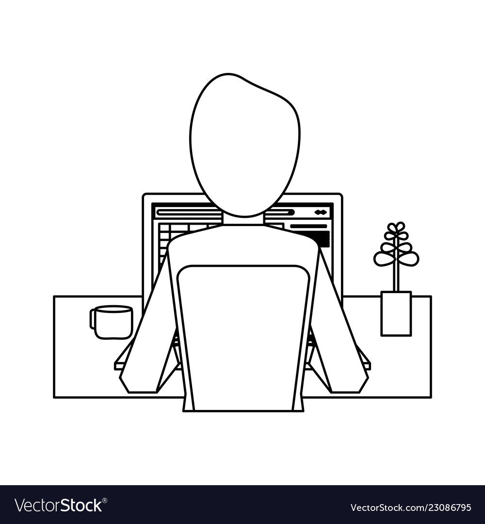 Working with computer avatar black and white vector image Working with computer avatar black and white