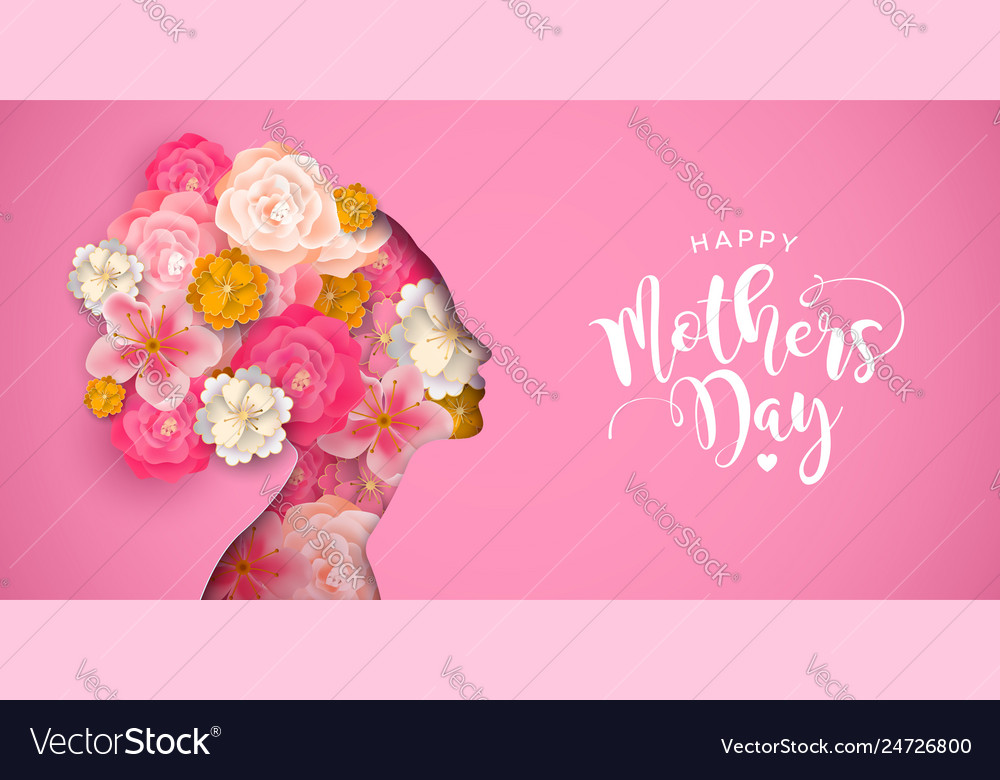 Mothers day card of pink papercut mom and flowers Vector Image