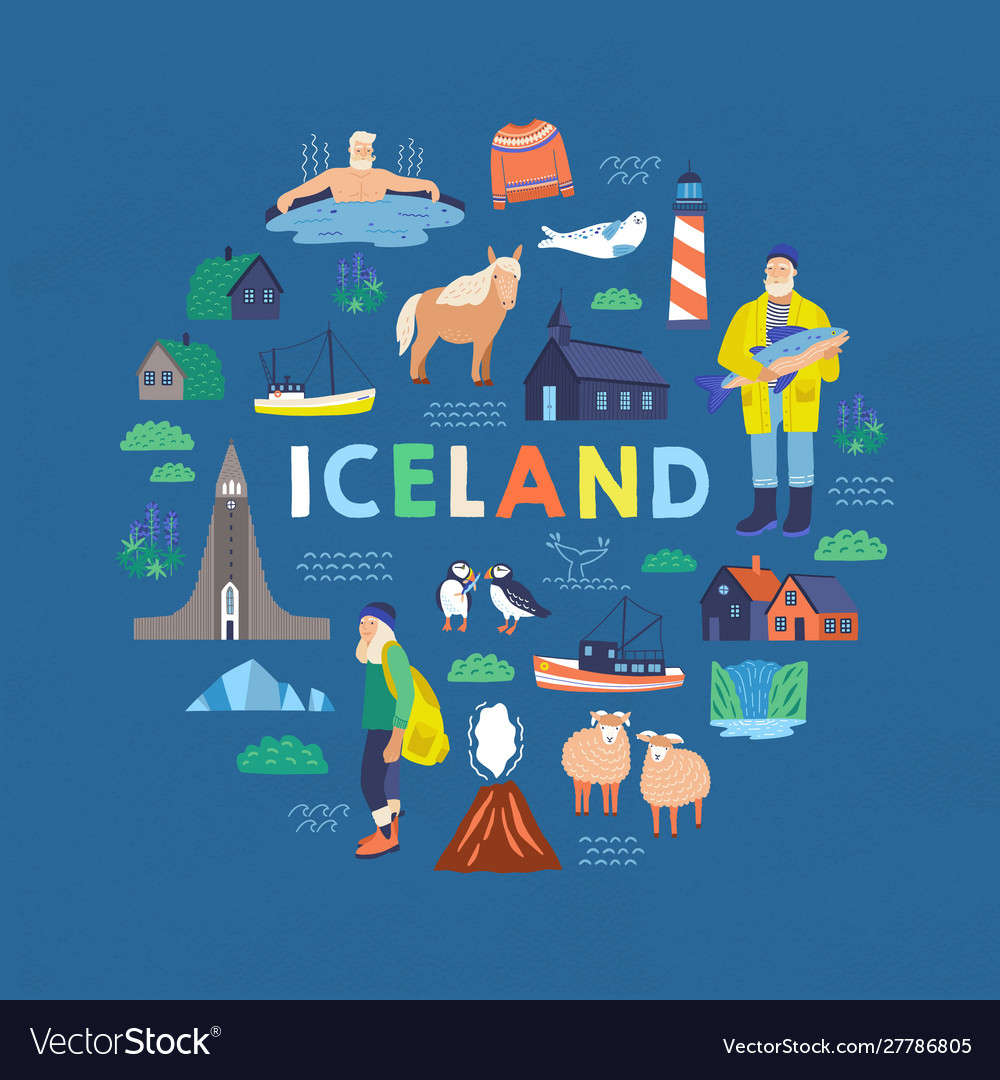 Iceland symbols flat tourist Royalty Free Vector Image