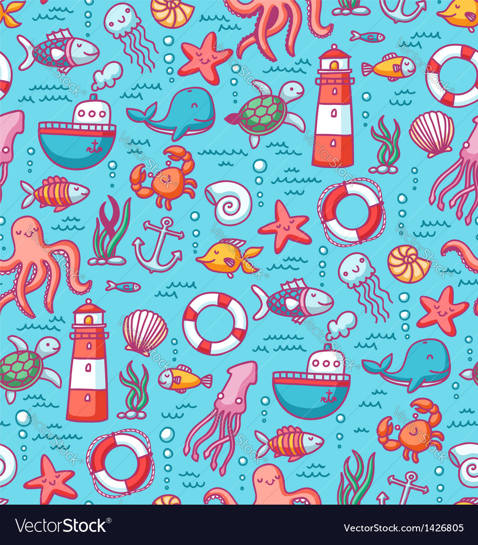 Sea doodles color pattern Royalty Free Vector Image