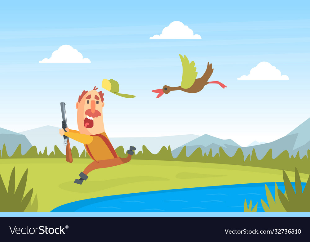 Funny man hunter character running away from Vector Image