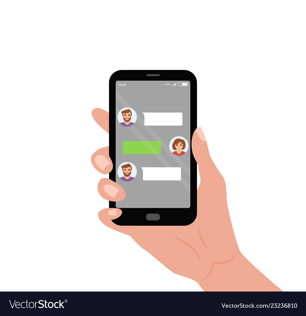 Hand holding smartphone with online chat with friends. mobile chat, so By  Microvector