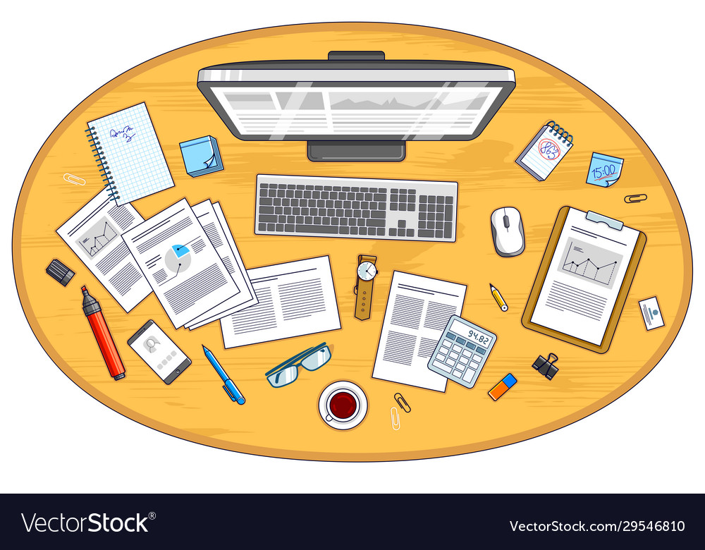 Office desk workspace top view with pc computer Vector Image Office desk workspace top view with pc computer