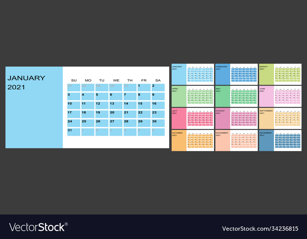Kalender 2021 Jahreswoche beginnt am Sonntag vector image Kalender 2021 Jahreswoche beginnt am Sonntag