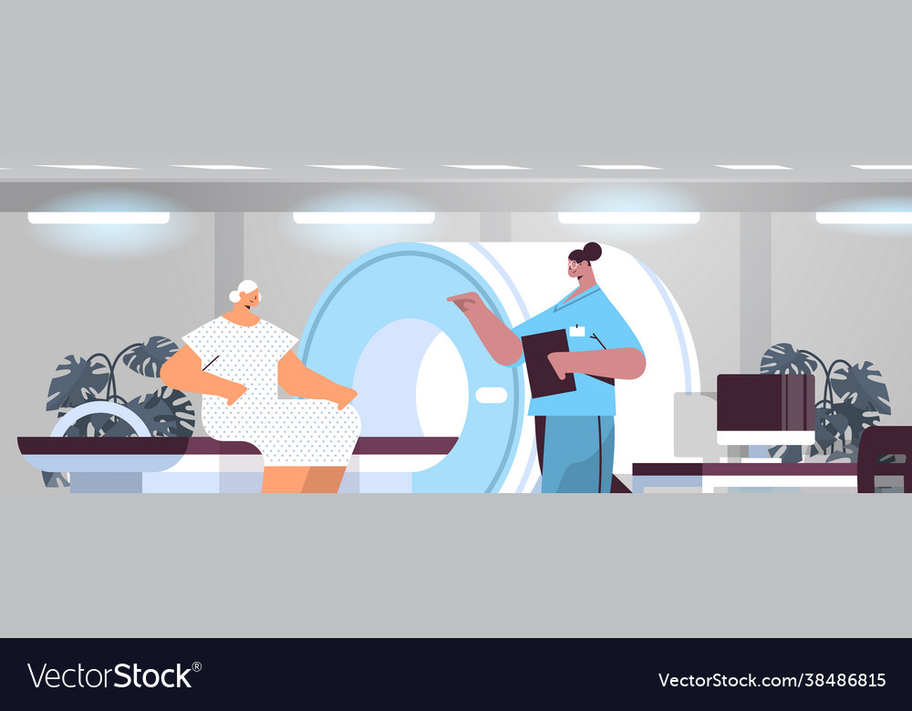Doctor with senior patient in tomography machine vector image Doctor with senior patient in tomography machine