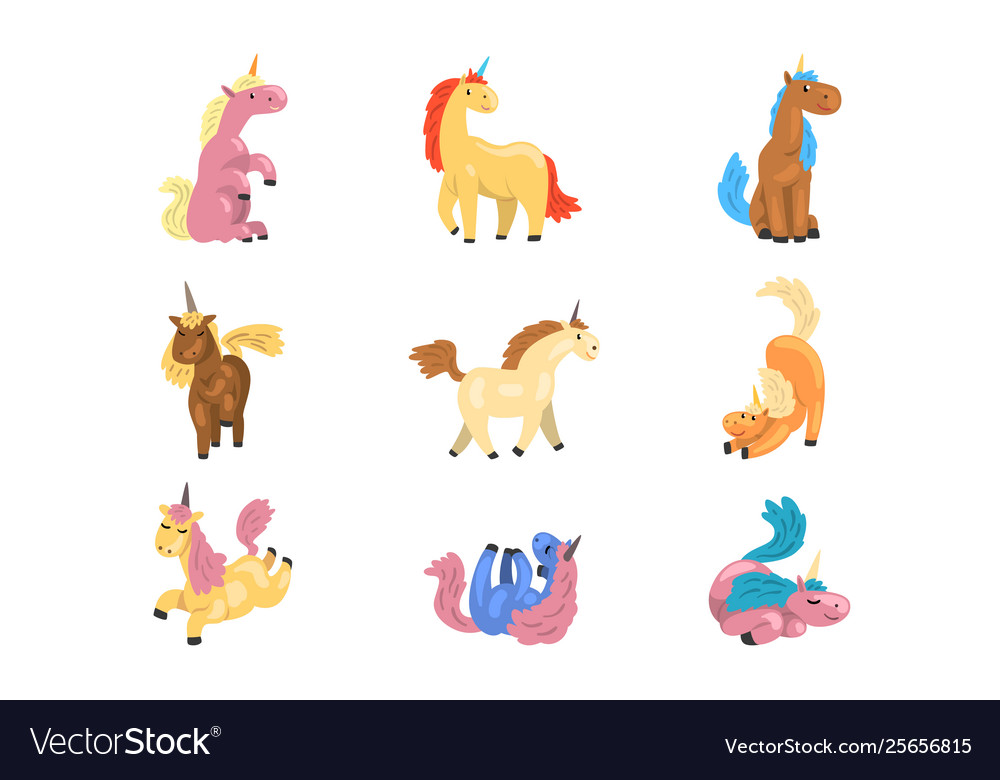 Flat set adorable unicorns in different vector image Flat set adorable unicorns in different