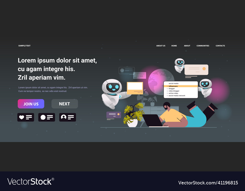 Man with robots helpers choosing influencers vector image Man with robots helpers choosing influencers