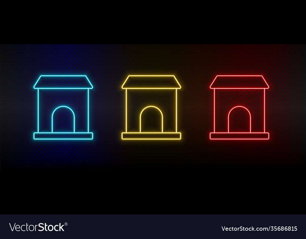 Neon icons building college set red blue