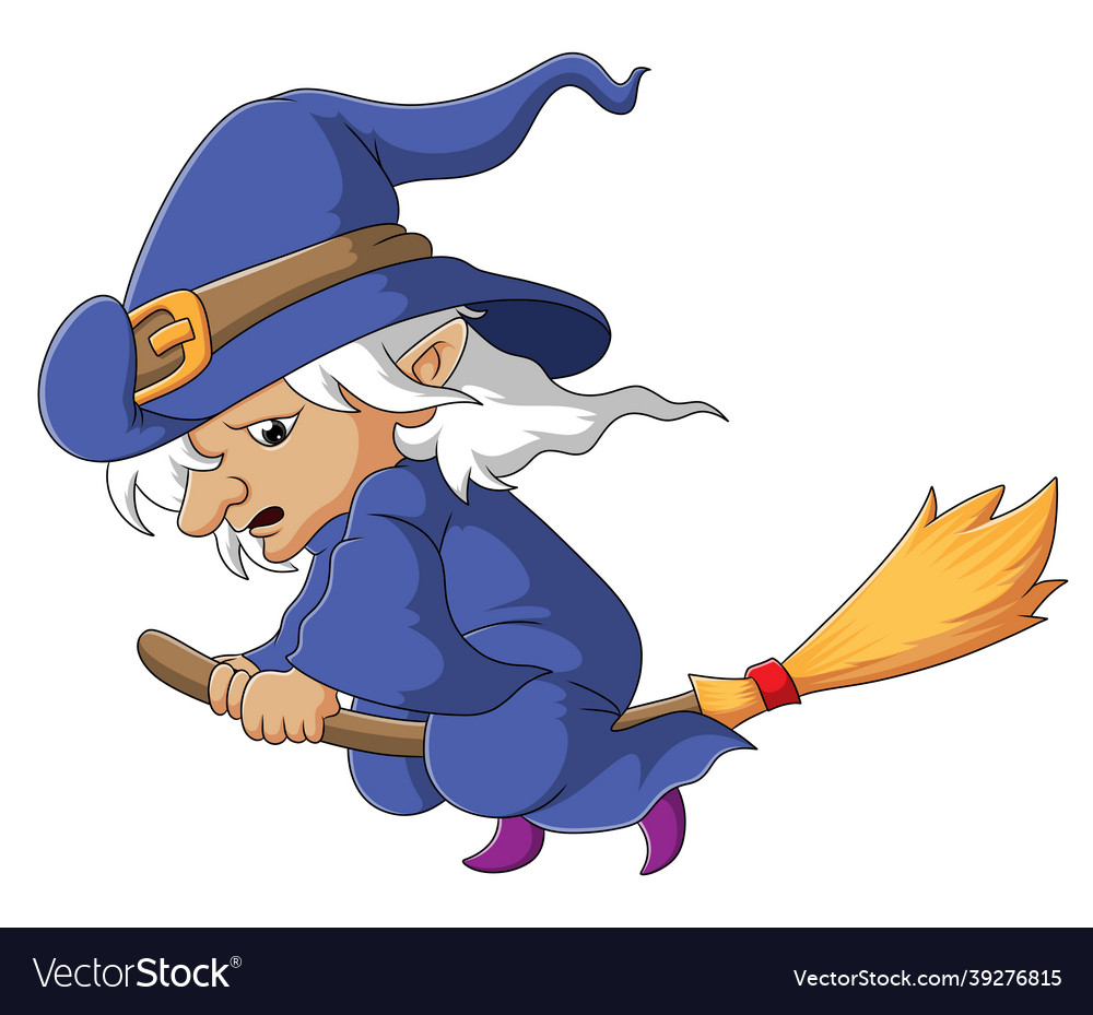 Sad witch is flying with the magic broom Vector Image