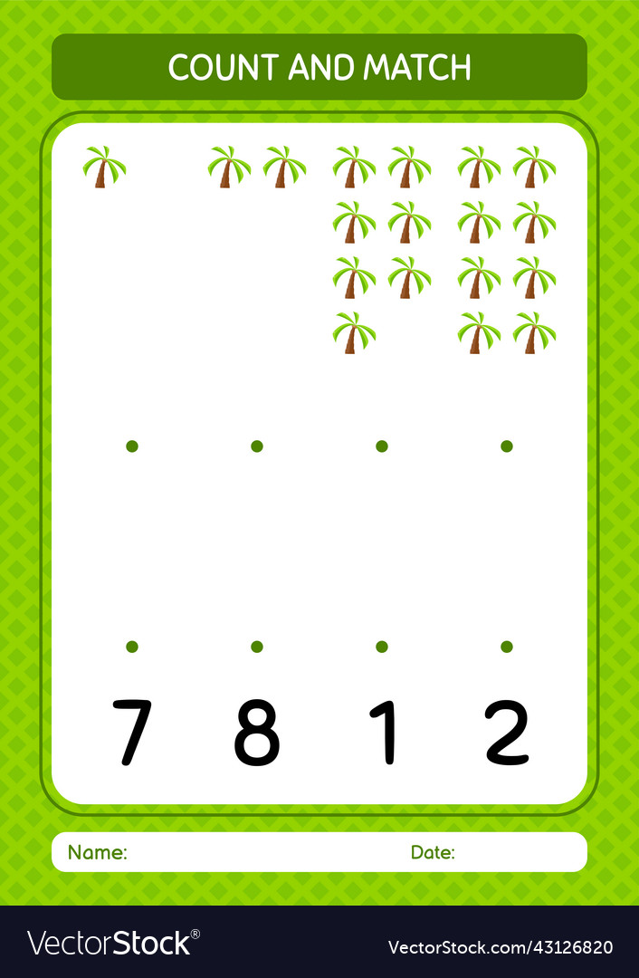 Count and match game with coconut tree worksheet vector image Count and match game with coconut tree worksheet