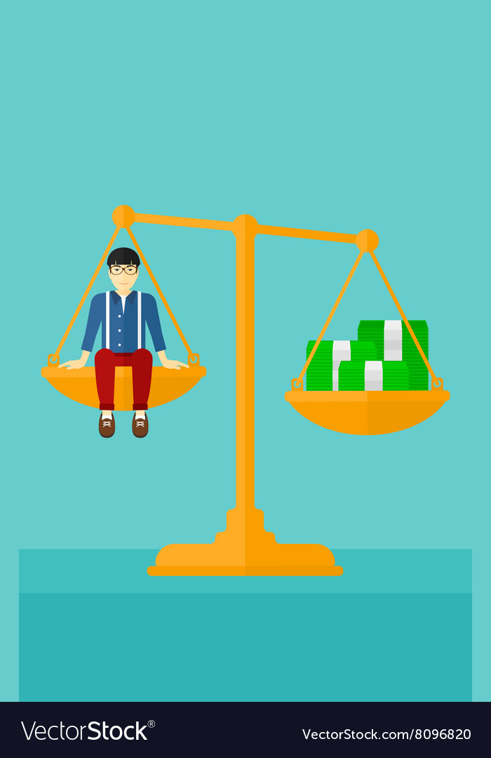 Man sitting on scale with coins