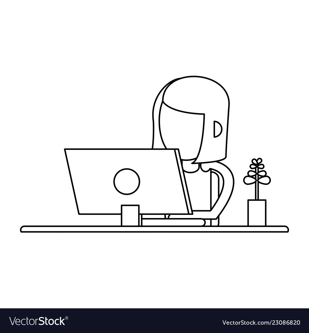 Working with computer avatar black and white vector image Working with computer avatar black and white