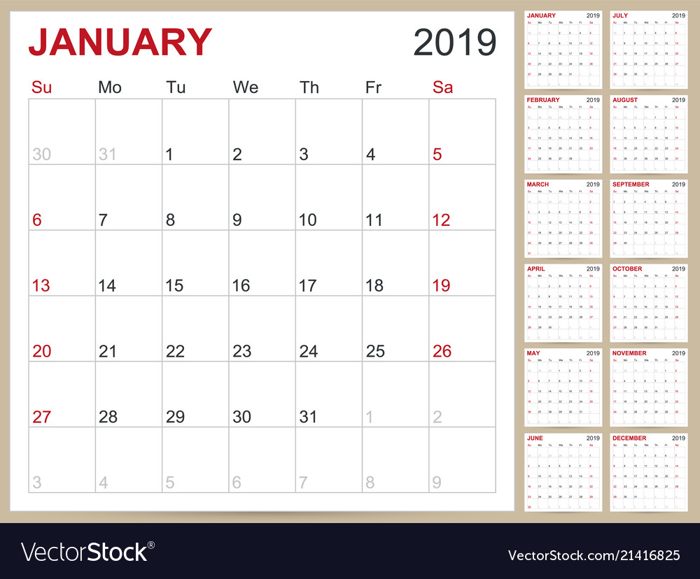 English calendar 2019 Royalty Free Vector Image