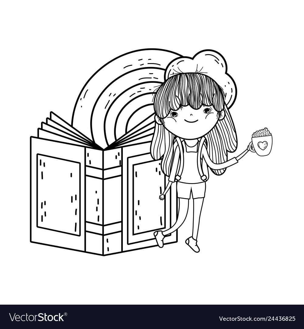 Happy little girl reading books with rainbow