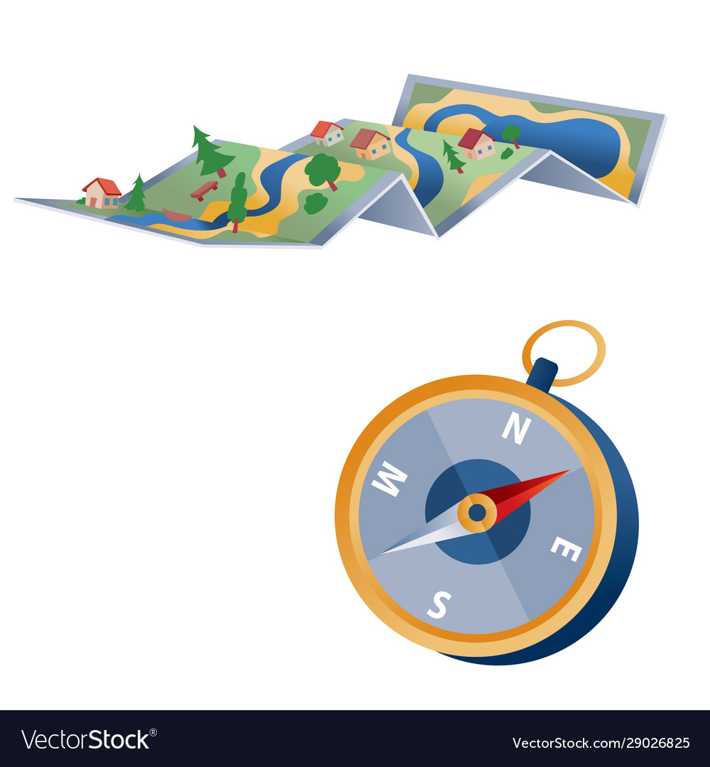 Set map and compass for travel isolated object vector image Set map and compass for travel isolated object