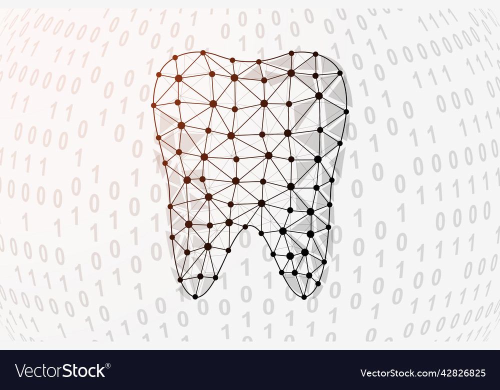 Tooth 3d low poly symbol with binary code