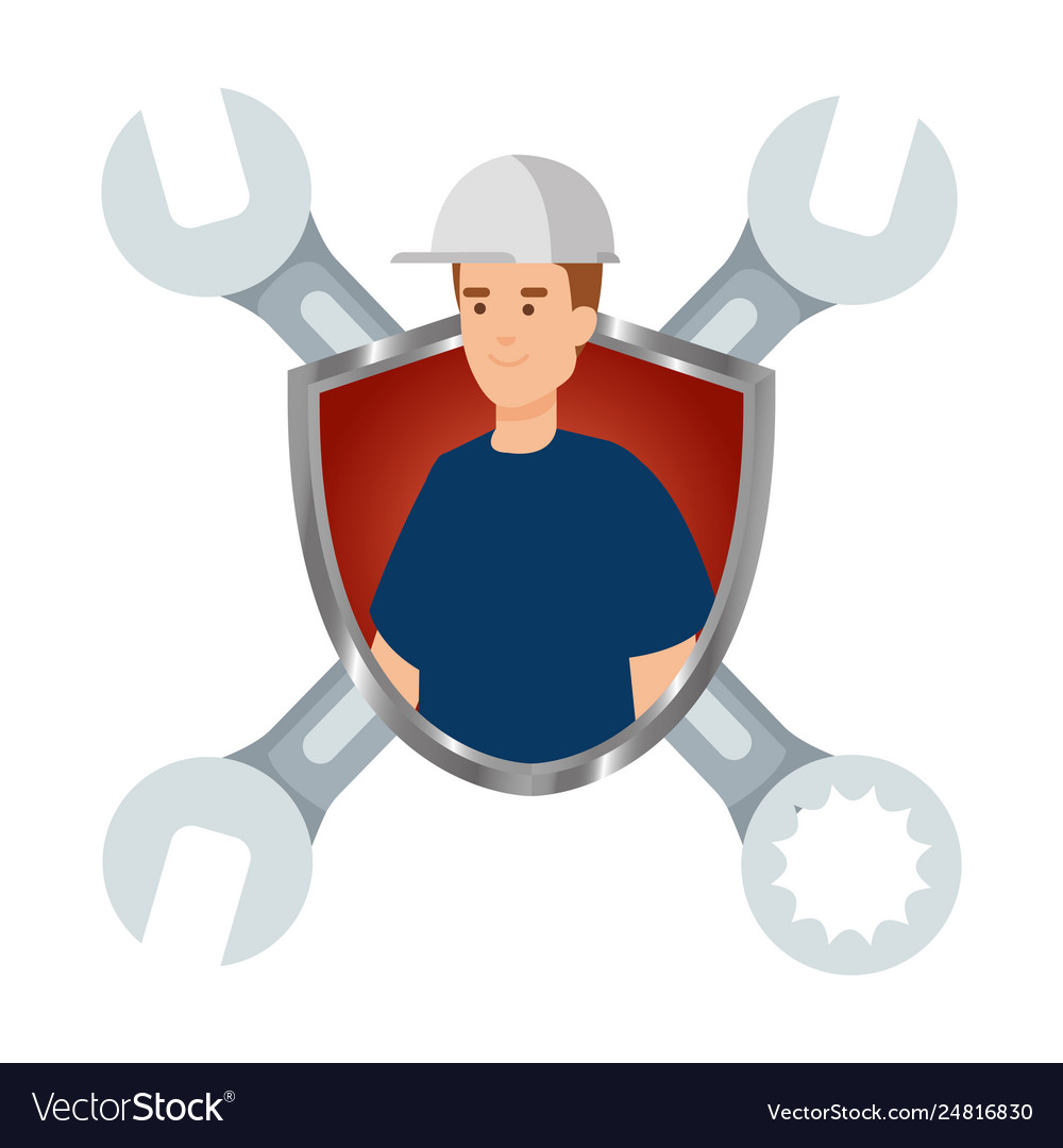 Builder worker with helmet and wrenches in shield