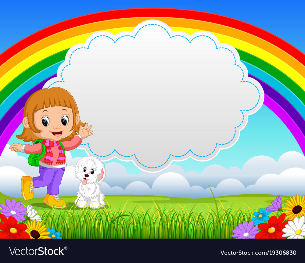 Cute girl with dog in park on rainbow day Vector Image