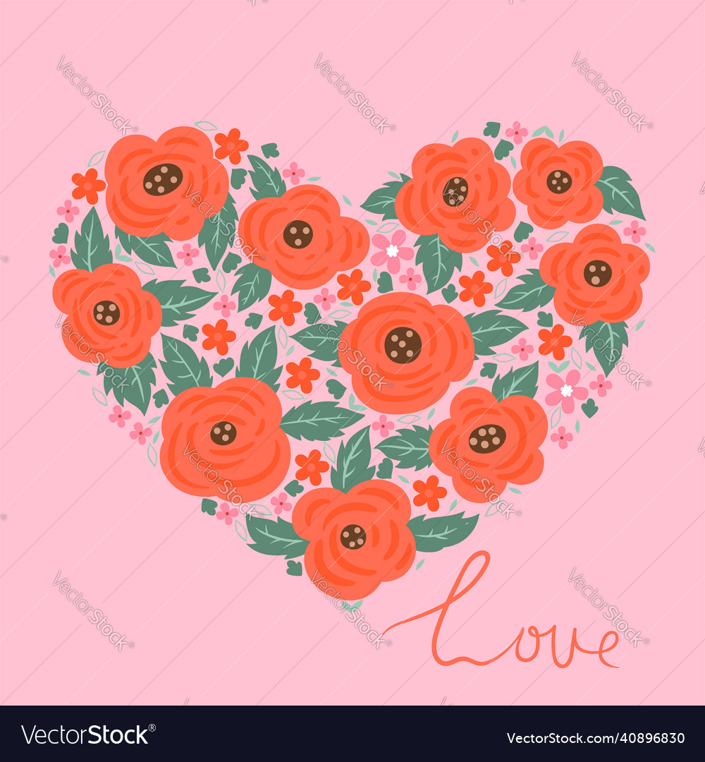 Postcard or poster with a heart of roses