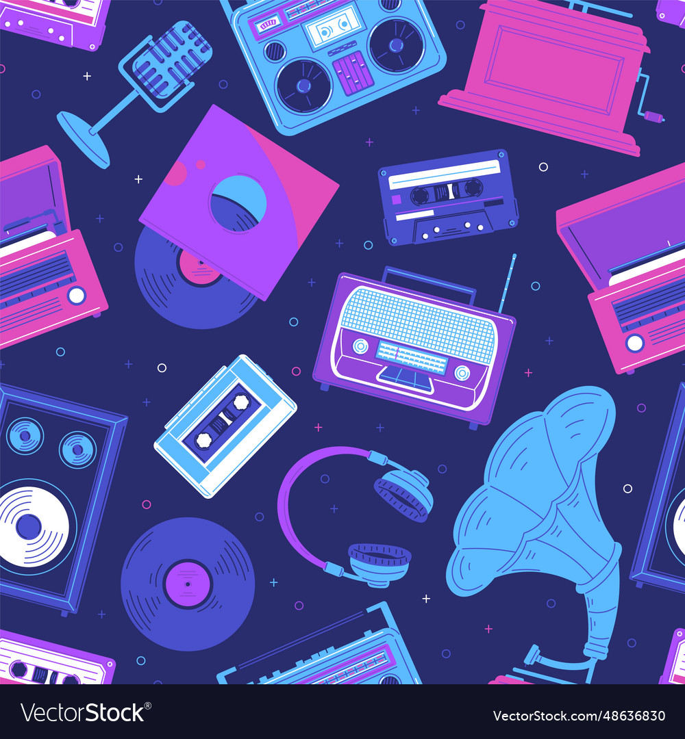 Retro Seamless Pattern With Music Listening Vector Image