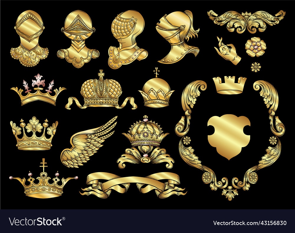 Set of crowns knight helmet shield coat Royalty Free Vector