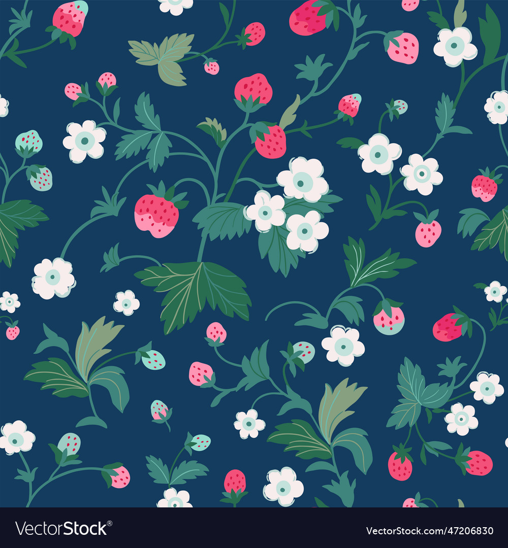 Strawberry background with flowers wild berries