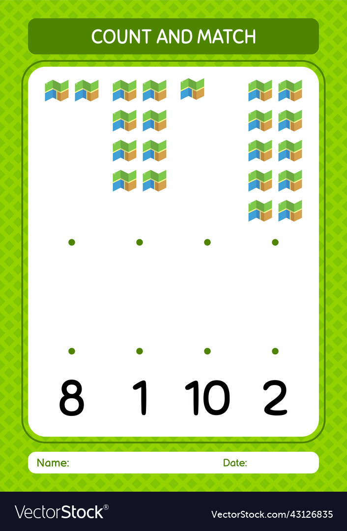 Count and match game with map worksheet vector image Count and match game with map worksheet