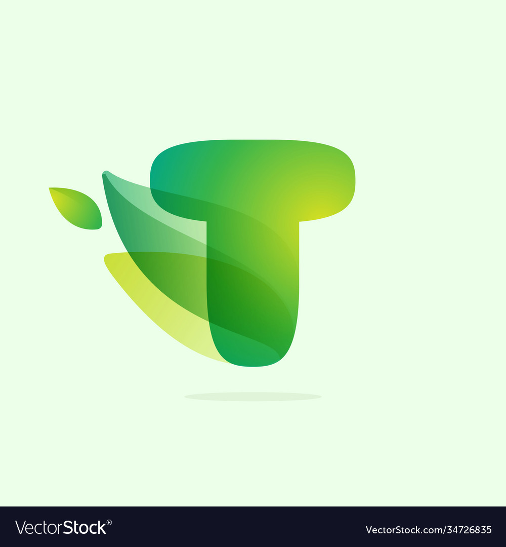 Ecology t letter logo with green leaves Royalty Free Vector