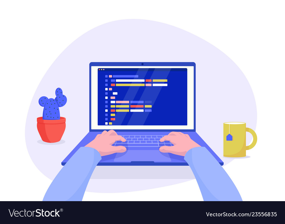 Man programmer working on computer with code Vector Image