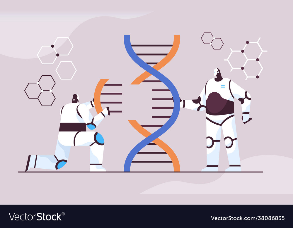 Robotic scientists working with dna robots Vector Image Robotic scientists working with dna robots